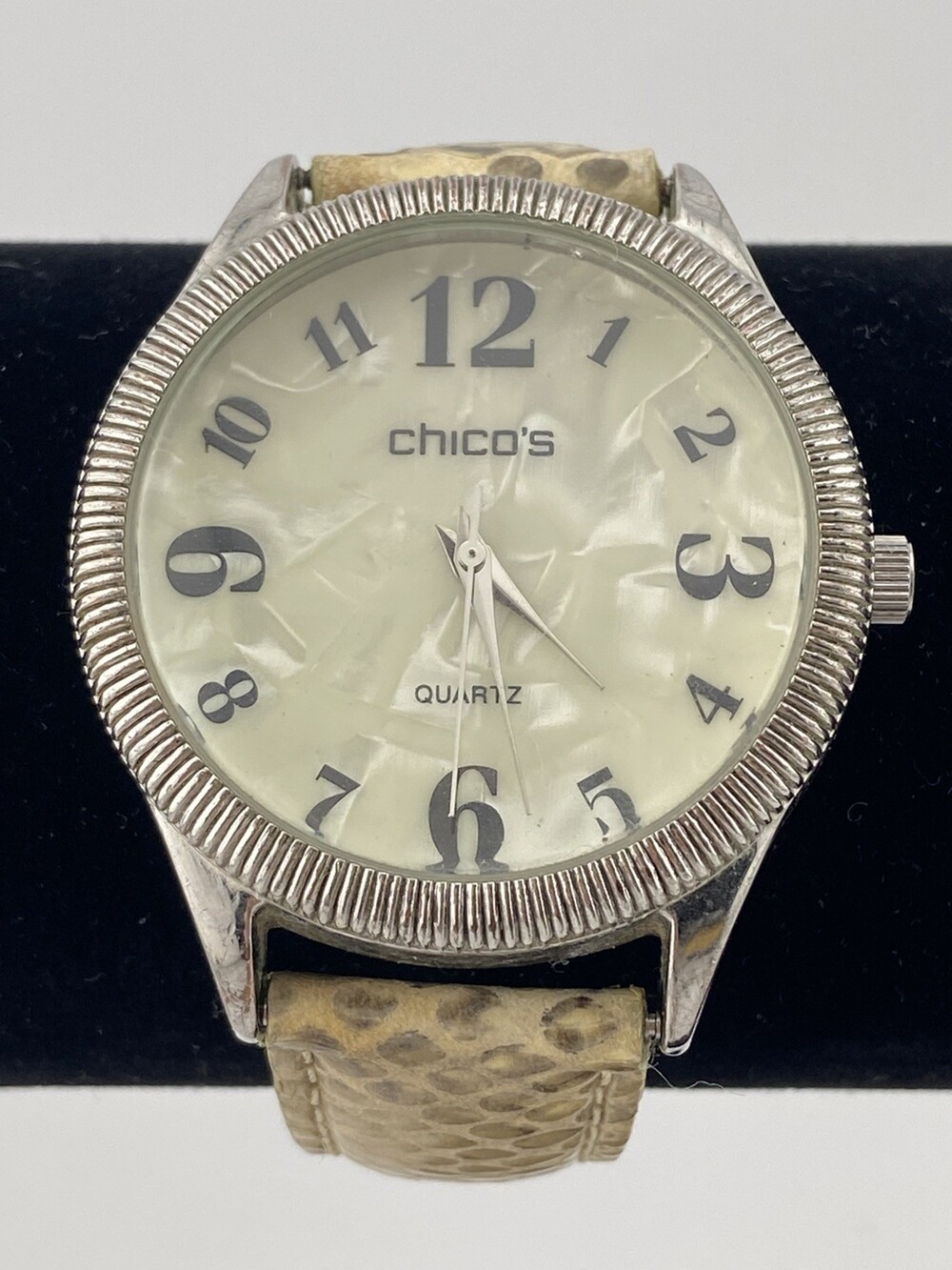 CHICO'S Women's Watch Tan Snakeskin Leather Silver Tone Large Face and Dial RUNS